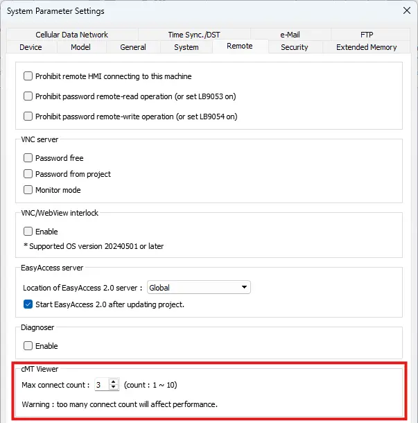 EBPro - System Parameter Settings showing how to control how many devices can connect via cMT Viewer App