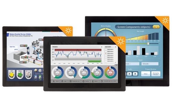 Rugged industrial PCs with 1000+ nits sunlight-readable displays, fanless design, and IP-rated enclosures for outdoor, kiosk, and automation use