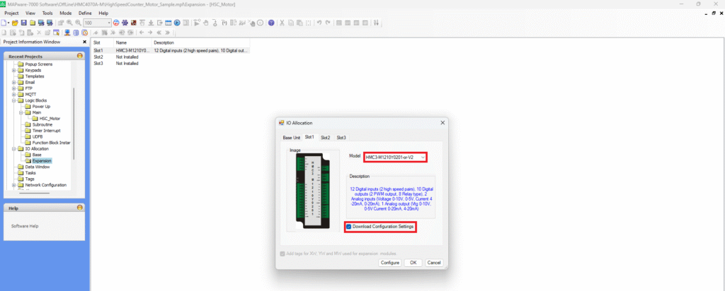 HMI/PLC Combo programming software showing the main IO configuration window and selecting an IO model and downloading those settings.