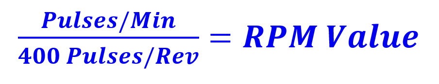 Equation for getting the RPM Value. Pulses per minute divided by 400 pulses per revolution equals the RPM value.