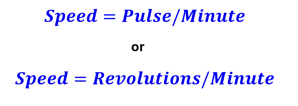 Equations for speed. Speed equals pulse per minute or speed equals revolutions per minute.