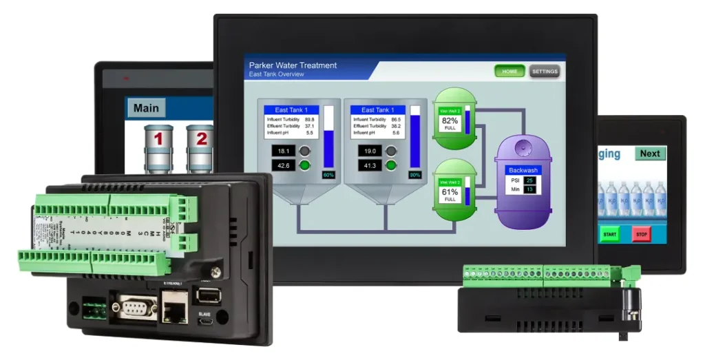 Group of HMI and PLC combo units by Maple Systems