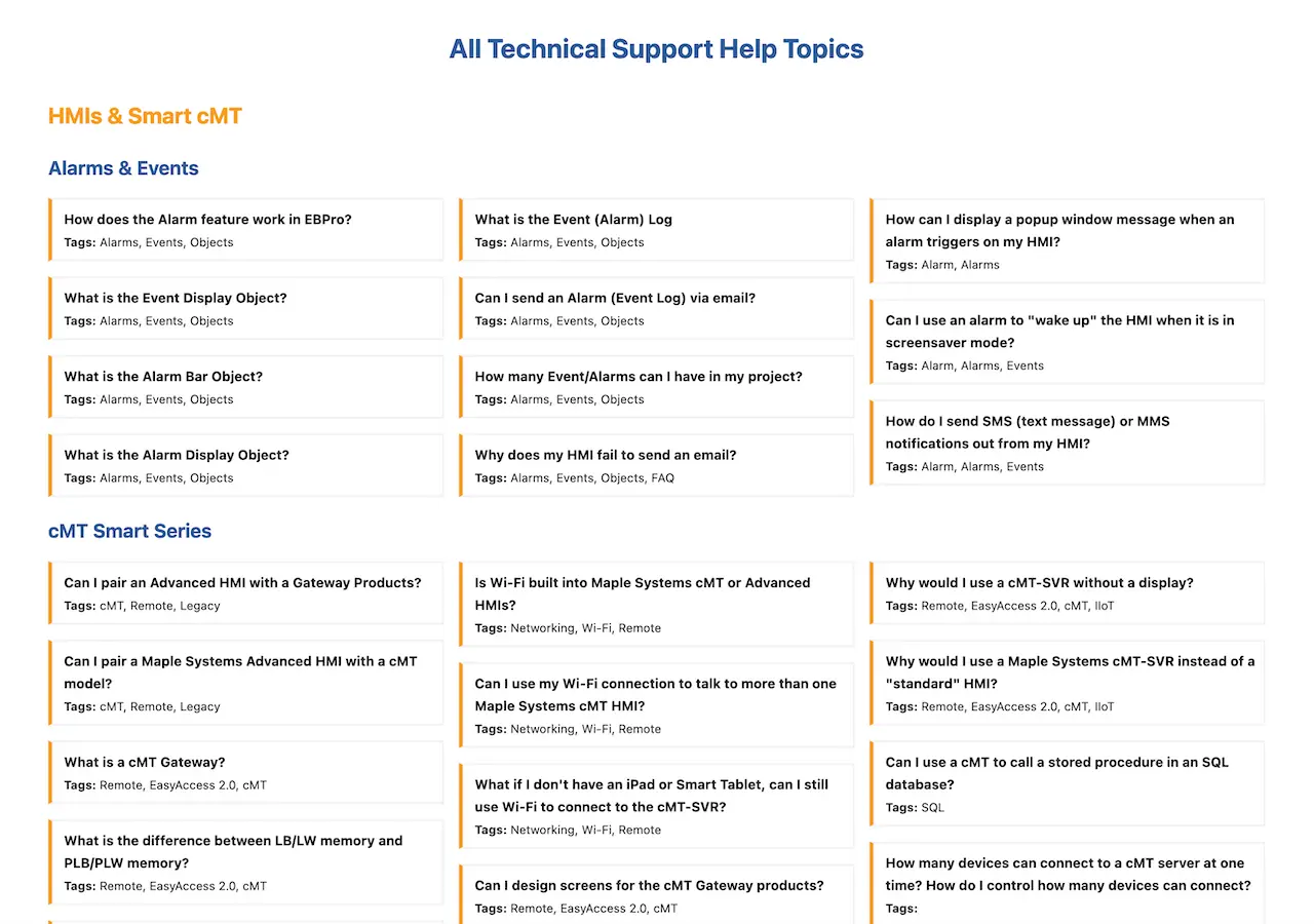 Preview of a front page of Maple Systems' Support Center page.