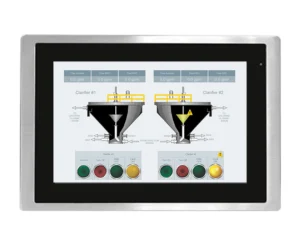 10.1-inch industrial panel PC with 1000nit high-brightness capacitive touchscreen, fanless Intel® Celeron® processor, 304 stainless steel bezel, IP66K/IP69K rating, and wide operating temperature range (-20°C to 60°C), ideal for outdoor and washdown environments.
