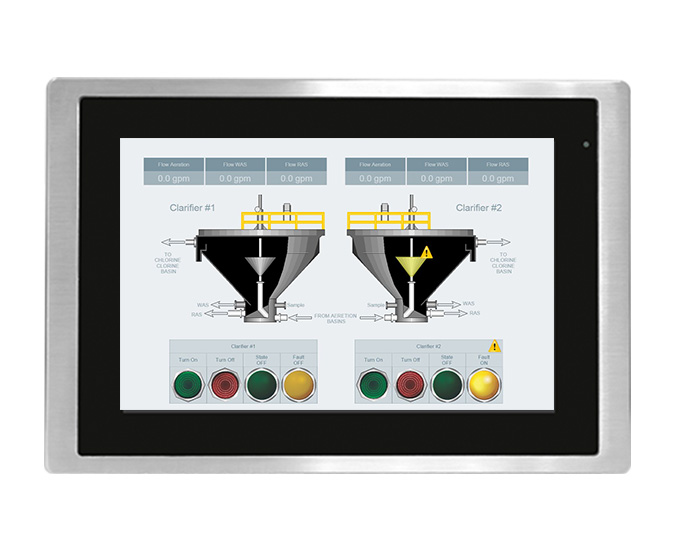 10.1-inch industrial panel PC with 1000nit high-brightness capacitive touchscreen, fanless Intel® Celeron® processor, 304 stainless steel bezel, IP66K/IP69K rating, and wide operating temperature range (-20°C to 60°C), ideal for outdoor and washdown environments.