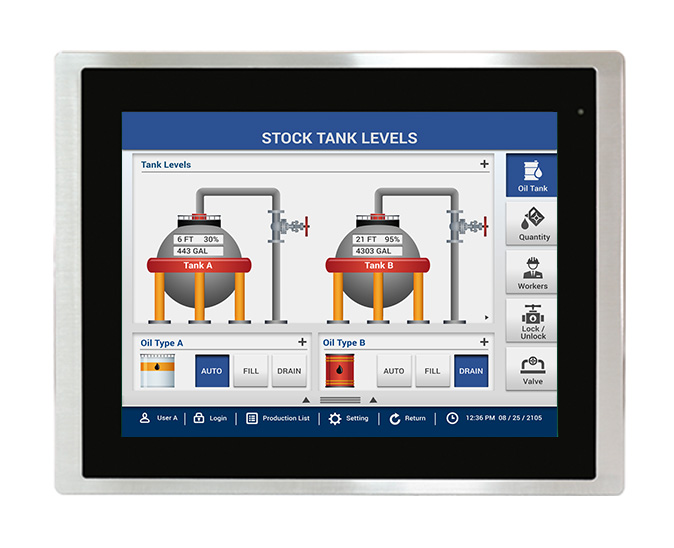 PCS6812AP Industrial Panel PC featuring a 12.1-inch high-resolution capacitive touchscreen, 304 stainless steel bezel, and IP69K-rated enclosure for extreme washdown environments.