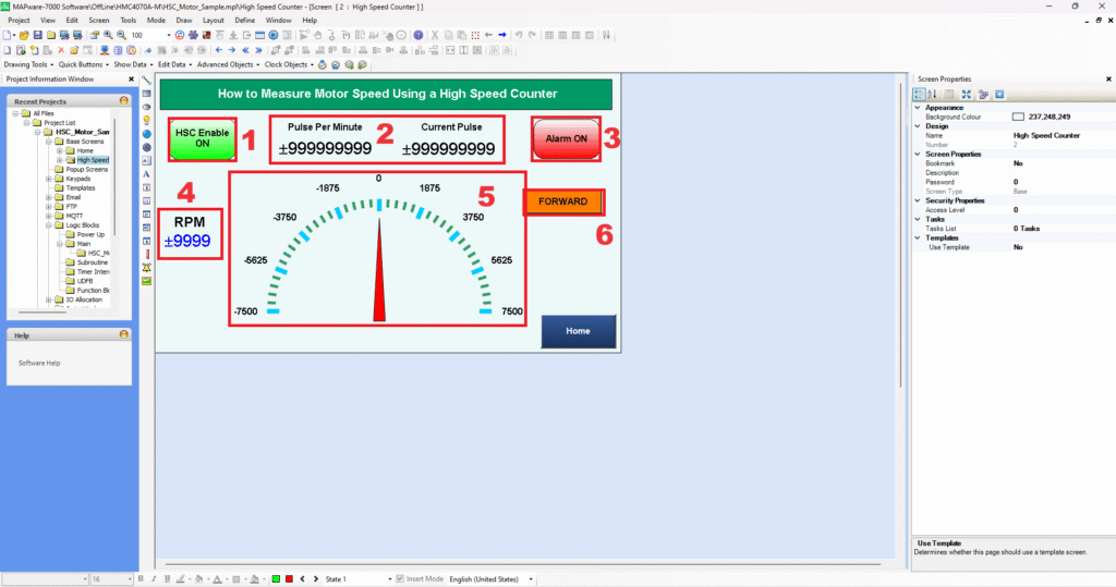 User interface design in an HMI/PLC combo programming software.