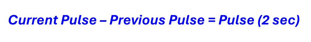 Equation for getting pulses per two seconds. Current Pulse minus previous pulse equals pulses per 2 seconds.