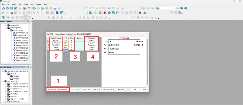 Variable window - Add I/O, Inputs and Outputs - Name the variables and add a description.