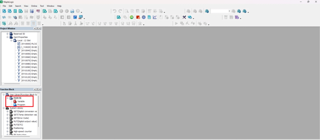 Press the plus sign to drop down the variable and program under the custom function block in the user library.