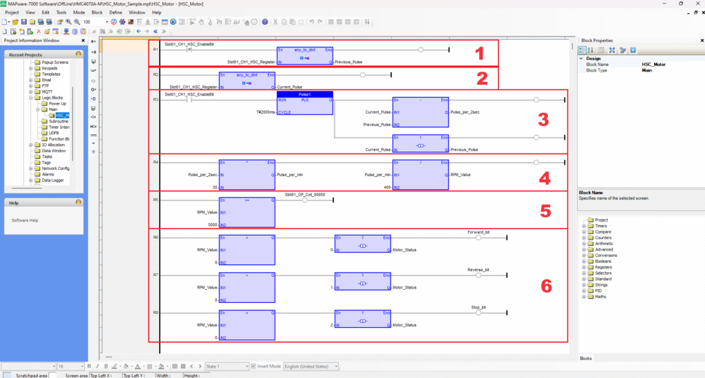Ladder logic in an HMI/PLC combo programming software.
