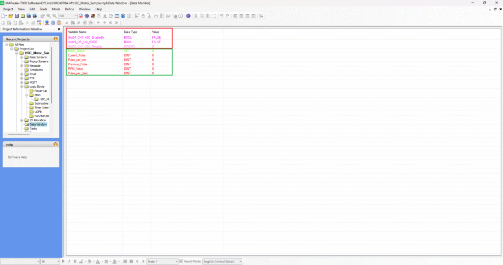 Data window displaying configuration and user defined tags in an HMI/PLC combo programming software.