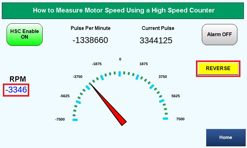 User Interface displaying the direction of a motor and speed in the reverse direction for an HMI/PLC programming software.