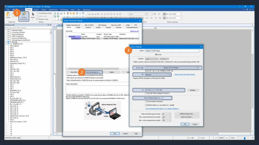 Figure showcasing how to configure a Master Modbus TCP/IP communication protocol, in EBPro, to communicate with a PLC