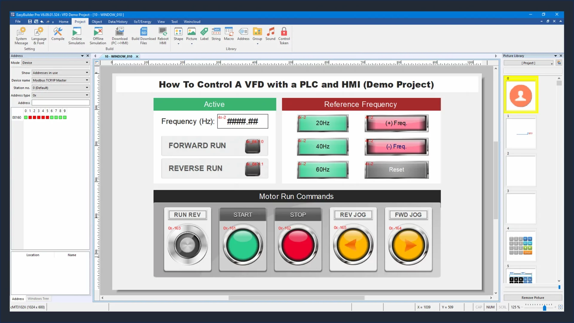 Figure showing the complete HMI demo project with all controls needed to run, stop, and adjust frequency of a motor.