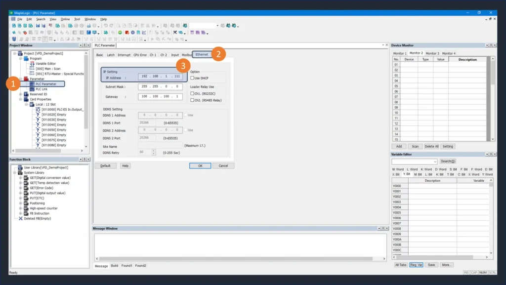 Figure showing the steps to configure the ethernet settings in MapleLogic