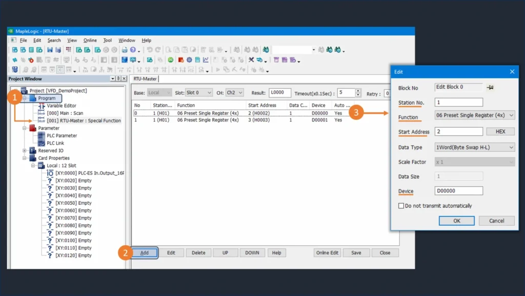 Figure showcasing how to create a Modbus RTU Master block used to send instructions to the VFD