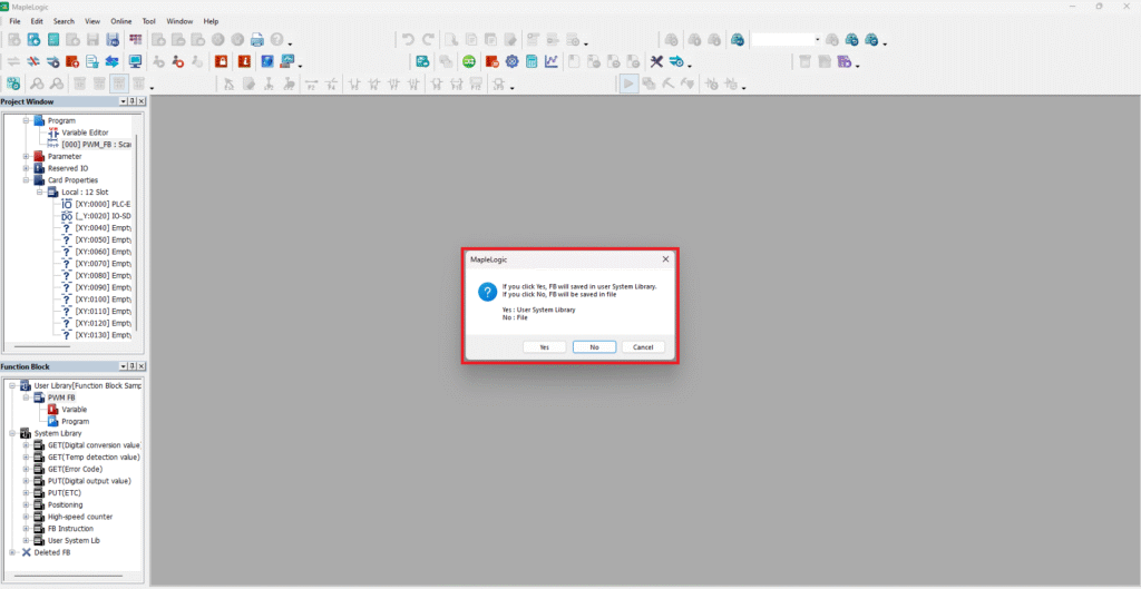 Pop-up window for exporting a custom function block in MapleLogic