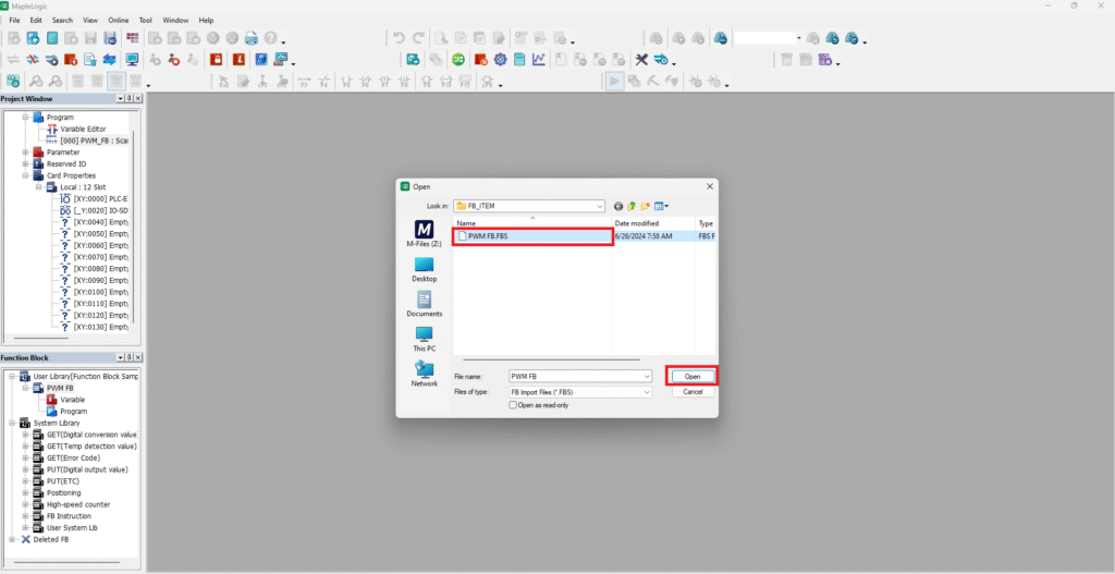 Importing a custom function block from the project file directory.