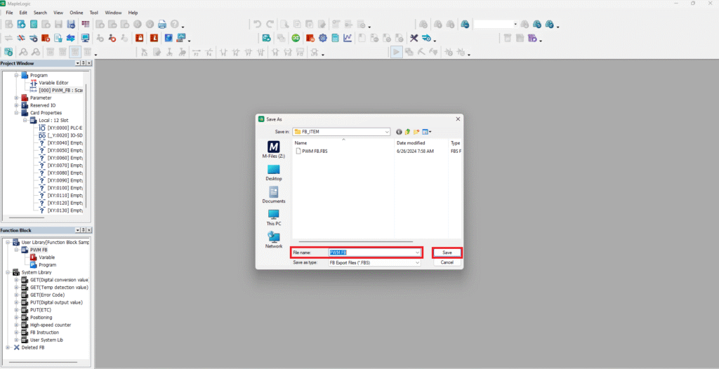 Saving a custom function block to the projects file directory