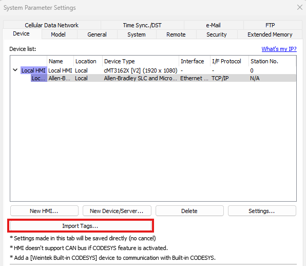 EBPro System Parameters Window