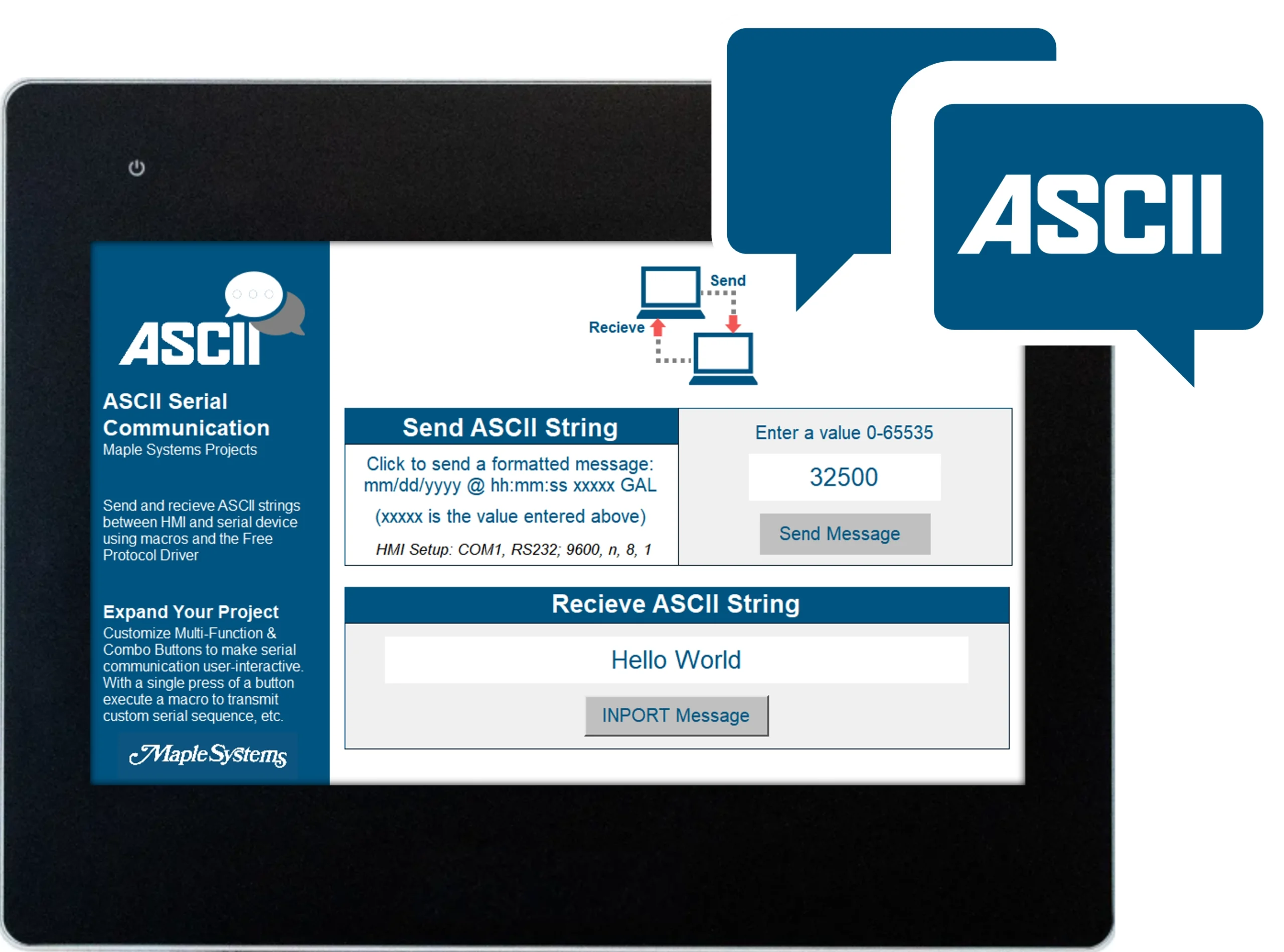 Send and receive ASCII strings from another serial device using an HMI or cMT unit.