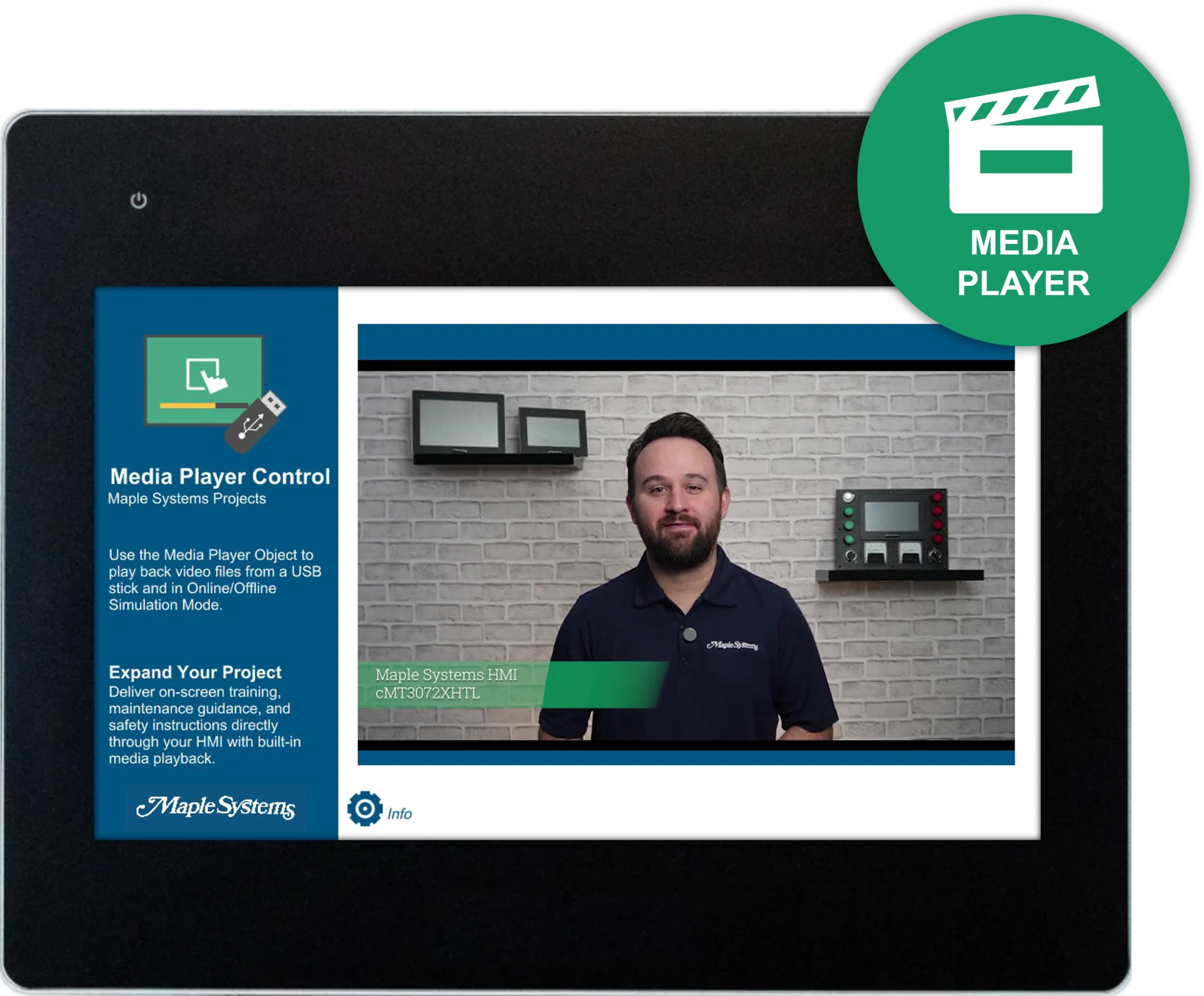 cMT sample project which demonstrates the use of the Media Player Object to play back video files from a USB stick and in Online/Offline Simulation Mode.