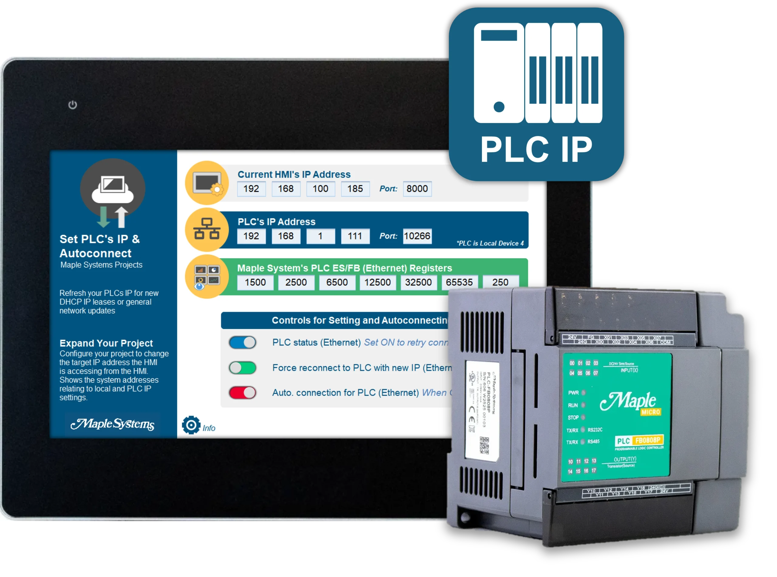 cMT sample project showcasing how to change the target IP address the HMI is accessing and shows the system addresses relating to local and PLC IP settings.