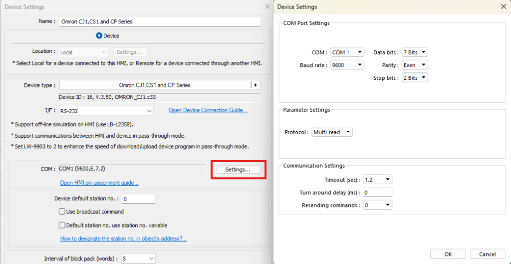 Matching protocol settings for an Omron CJ, CP, or CX series device.