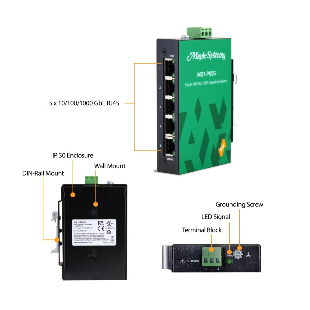 Hardware callouts for the 5 Port Unmanaged Industrial Network Switch