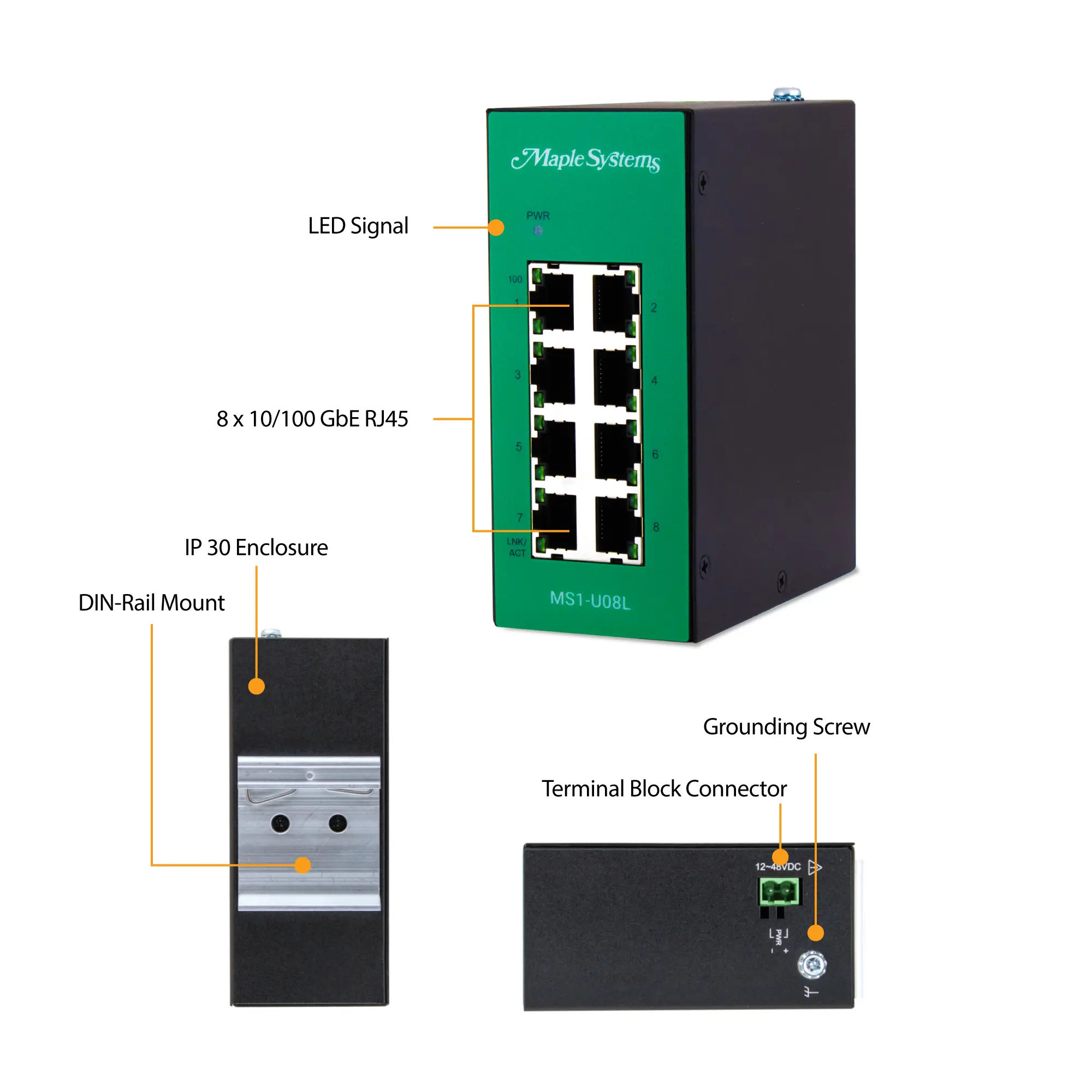 Hardware callouts for the 8 Port Unmanaged Industrial Network Switch