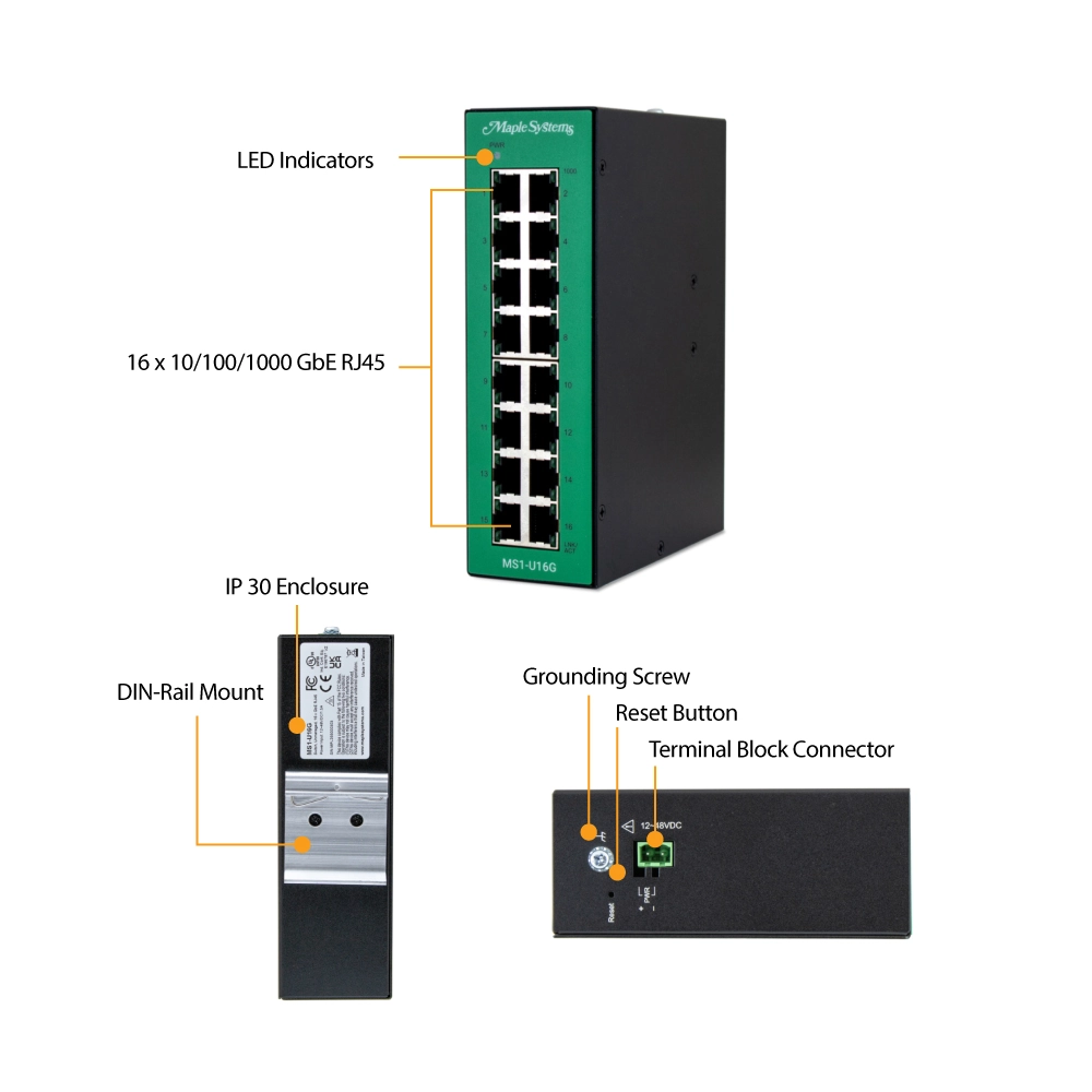 Hardware callouts for the 16 Port Unmanaged Industrial Network Switch