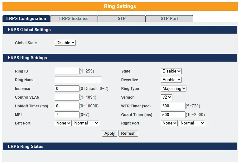 Ring Settings - ERPS Configuration
