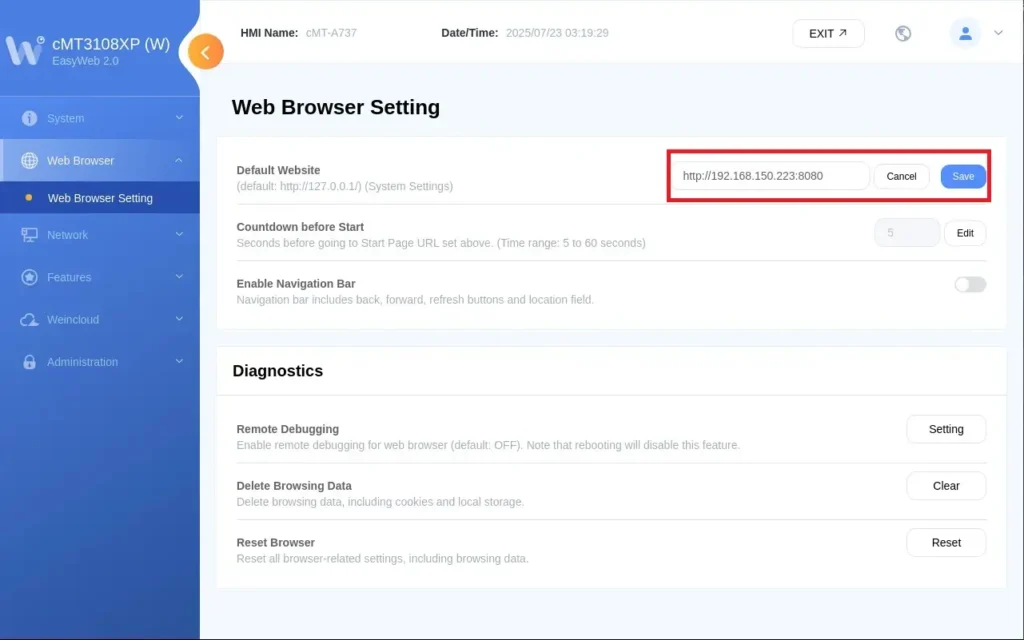 Edit the default website on to match the Codesys WebVisu IP. Edit the default website on to match the Codesys WebVisu IP.