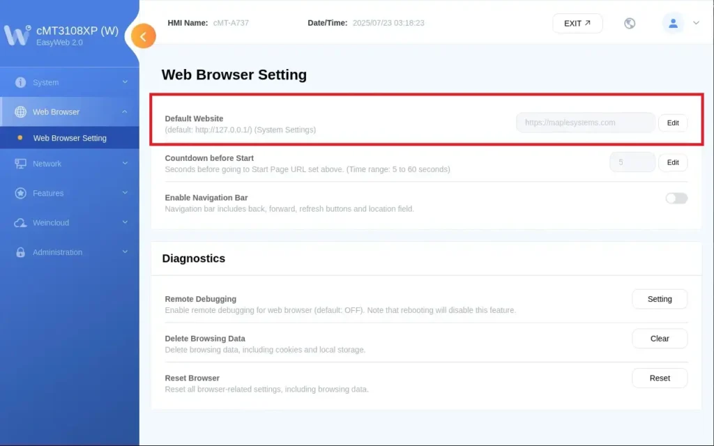 Navigate to the Web Browser Settings in the cMT W Web HMI Navigate to the Web Browser Settings in the cMT W Web HMI