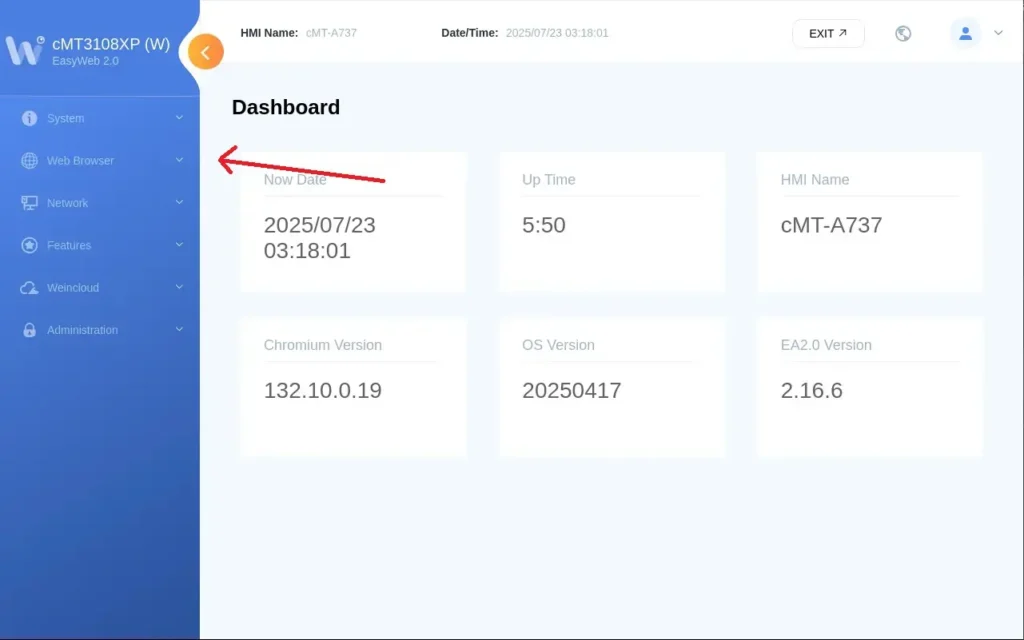 Main dashboard of EasyWeb 2.0 on a cMT W Web HMI Main dashboard of EasyWeb 2.0 on a cMT W Web HMI