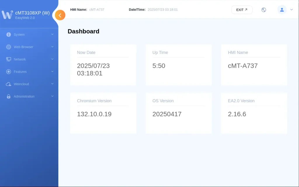 Main dashboard of EasyWeb 2.0 on a cMT W Web HMI