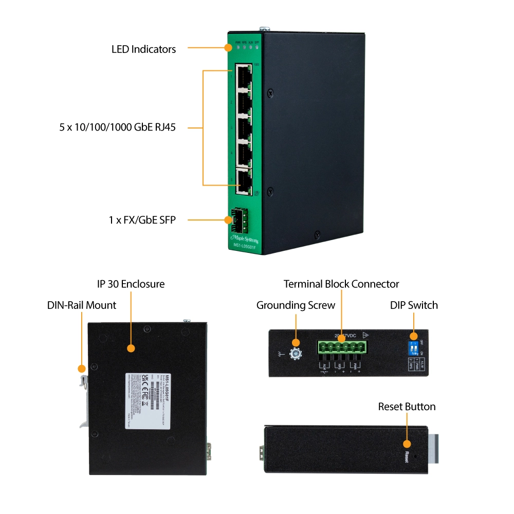 Hardware callouts for the 5 Port Lite-Managed Industrial Network Switch