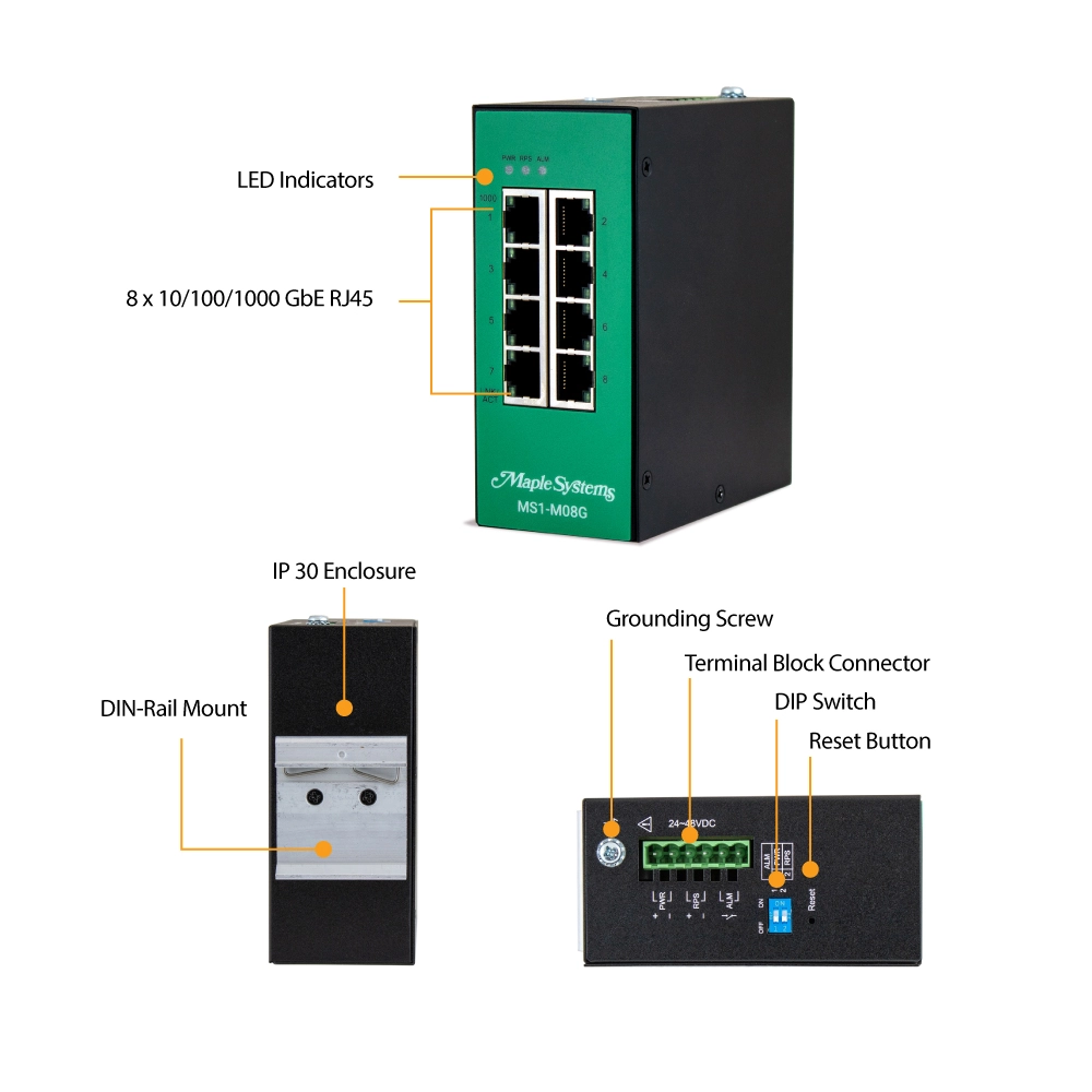 Hardware callouts for the 8 Port Managed Industrial Network Switch