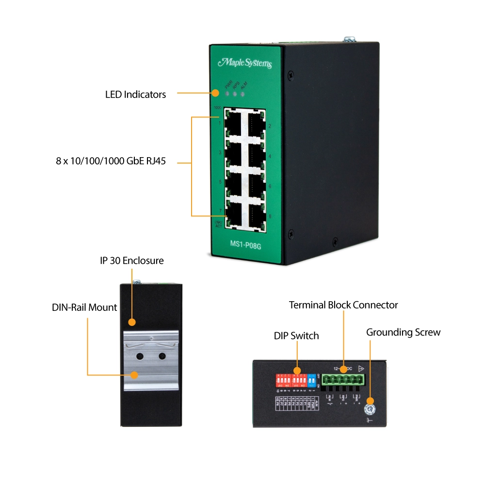 Hardware callouts for the 8 Port Premium Unmanaged Industrial Network Switch