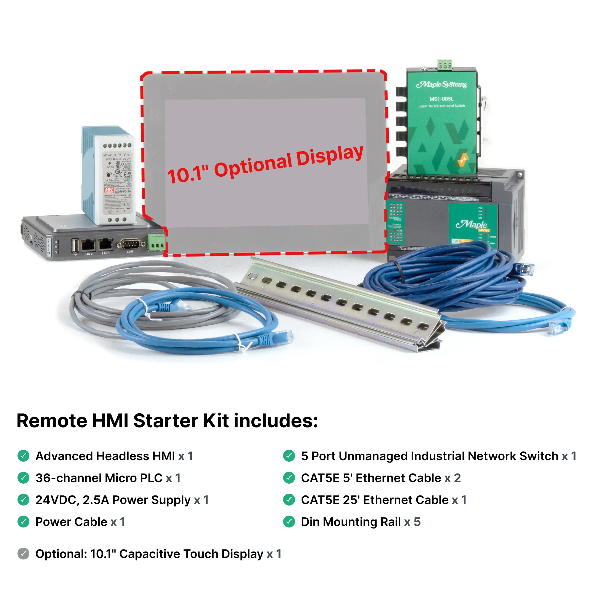 Remote HMI Starter Kit: Headless HMI, PLC, Power Supply, Power Cable, Network Switch, Ethernet Cables, DIN Rail, Optional 10.1" cMT Display unit