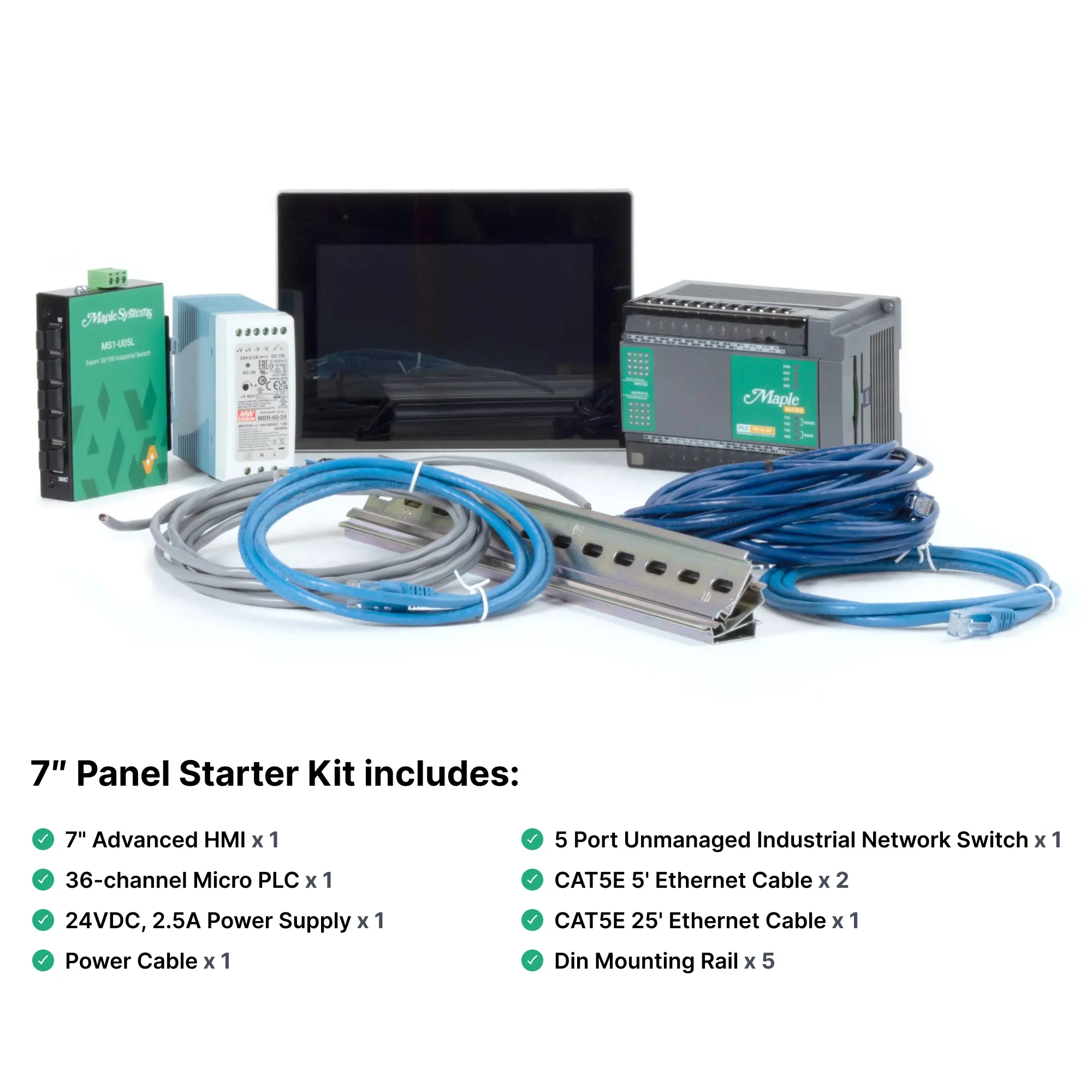 7" Panel Starter Kit: HMI, PLC, Power Supply, Power Cable, Network Switch, Ethernet Cables, DIN Rail