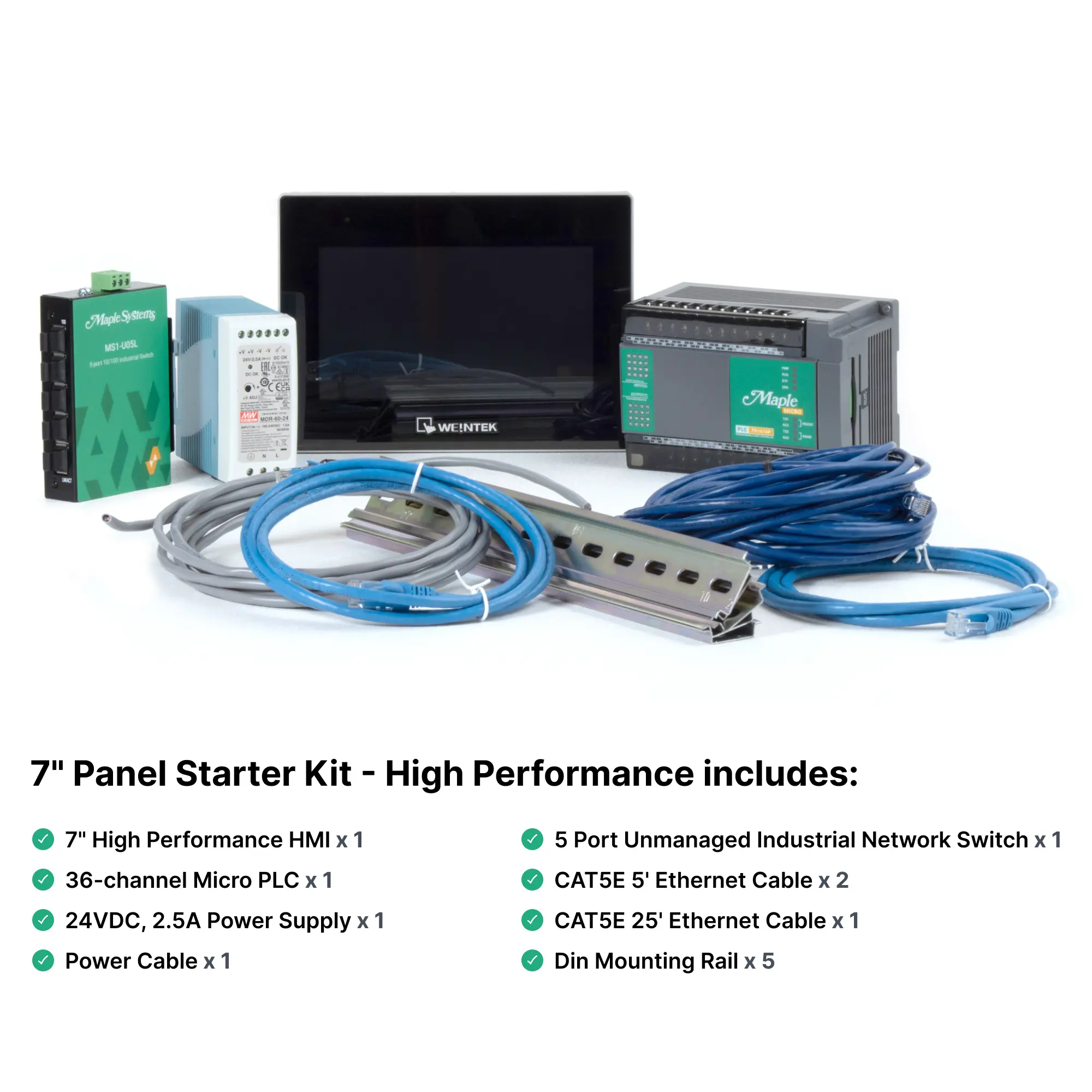 High Performance 7" Panel Starter Kit: HMI, PLC, Power Supply, Power Cable, Network Switch, Ethernet Cables, DIN Rail