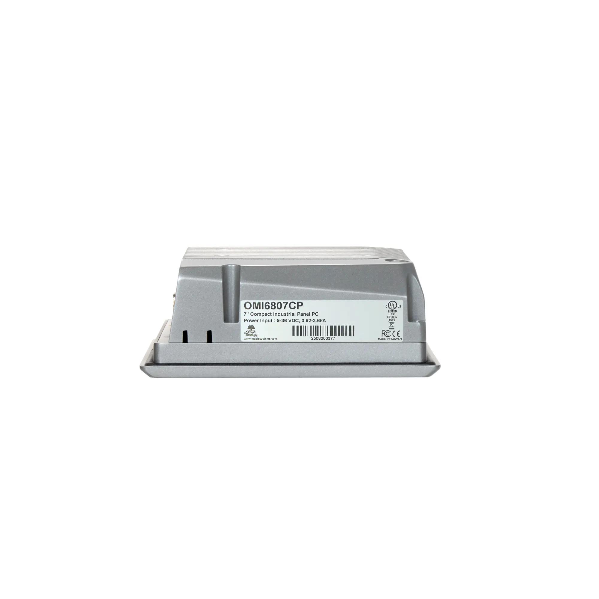 Maple Systems OMI6807CP 7" Compact Industrial PC with Windows or Linux OS, up to 32GB RAM and up to 2TB Storage side view showing product label and mounting slots