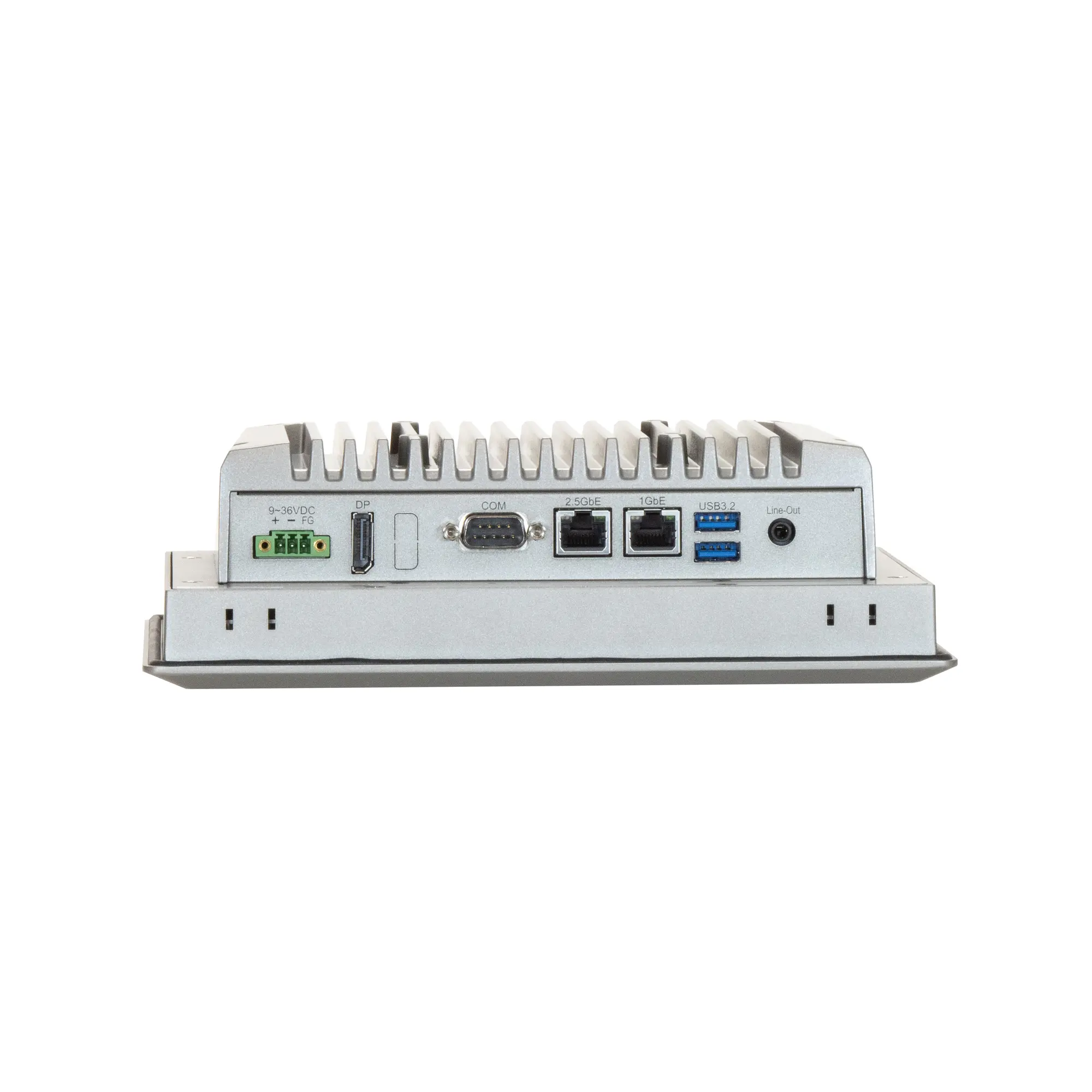 Maple Systems OMI6808CP 8" Industrial Panel PC with Windows or Linux OS, up to 32GB RAM and up to 2TB Storage bottom view showing available IO ports.