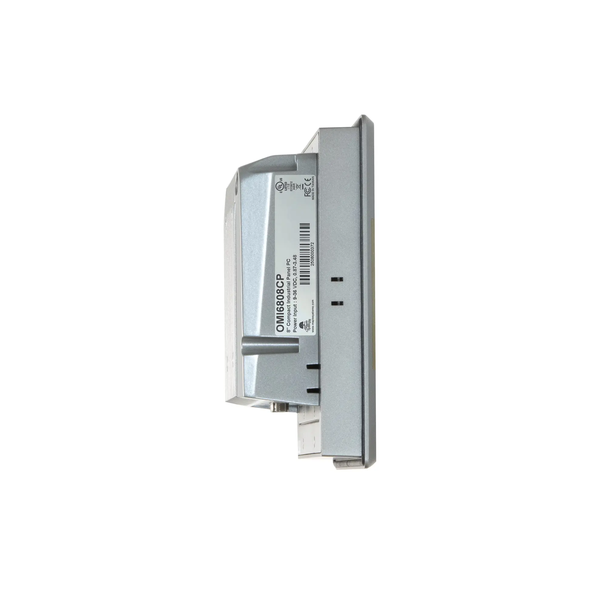 Maple Systems OMI6808CP 8" Industrial Panel PC with Windows or Linux OS, up to 32GB RAM and up to 2TB Storage side view showing mounting slots and product label placement