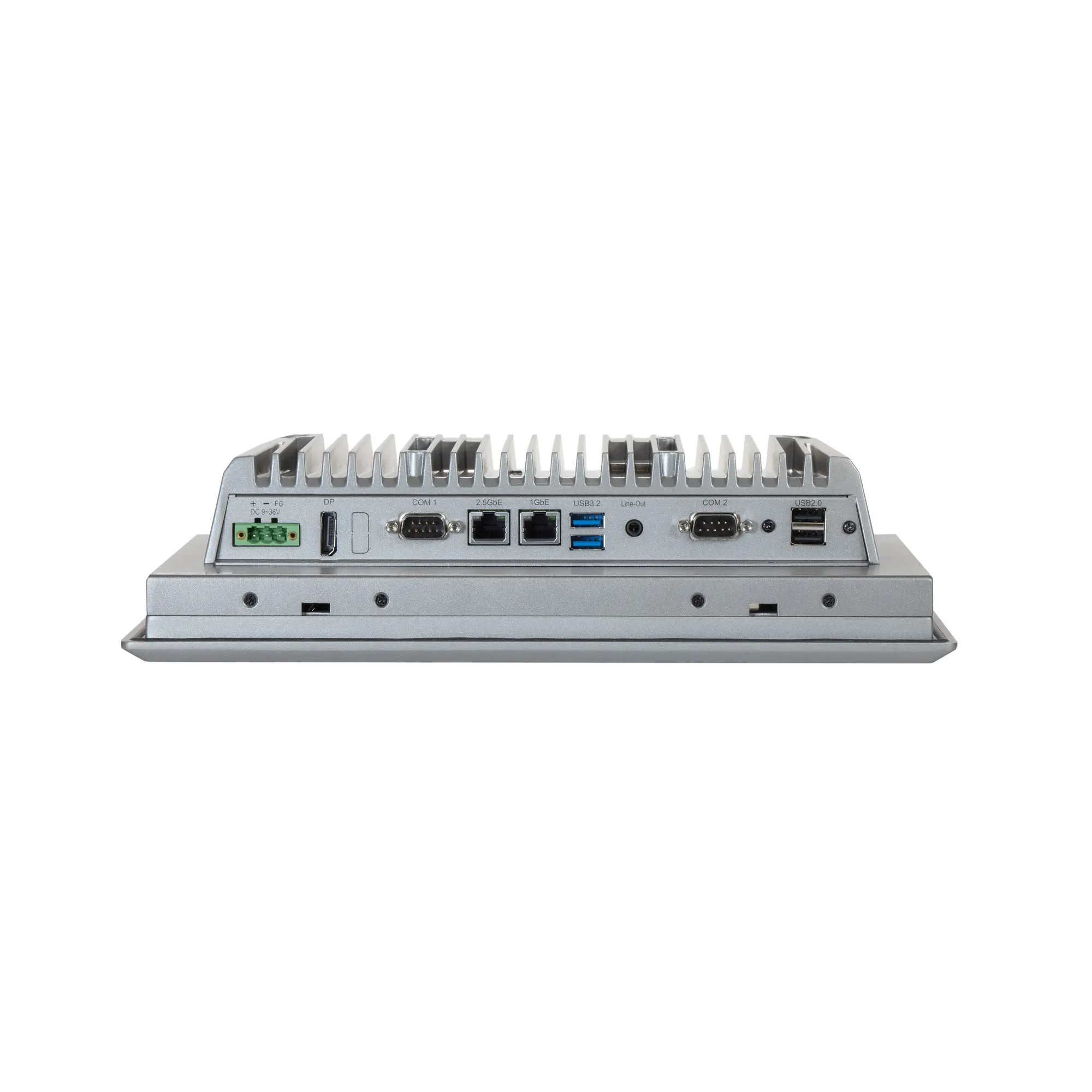 Maple Systems OMI6812CP 12" Industrial Panel PC with Windows or Linux OS, up to 32GB RAM and up to 2TB Storage bottom view showing available I/O