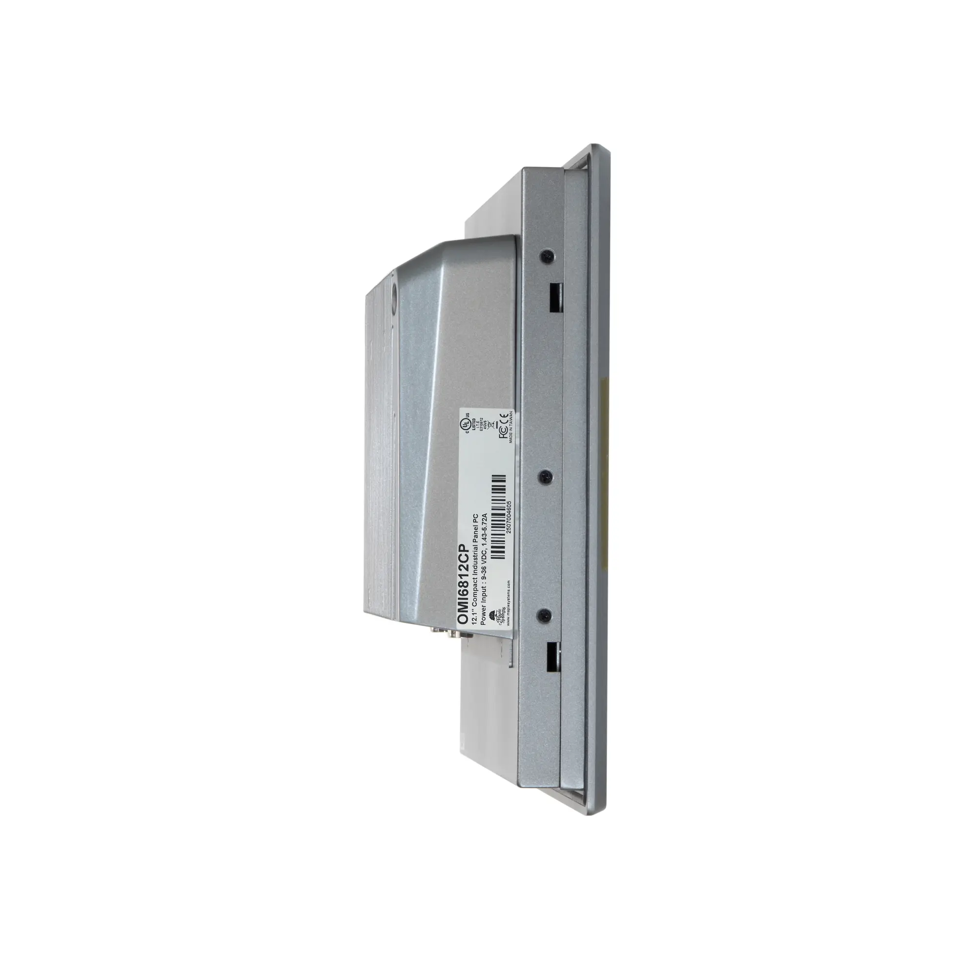 Maple Systems OMI6812CP 12" Industrial Panel PC with Windows or Linux OS, up to 32GB RAM and up to 2TB Storage side view showing label placement and mounting slots