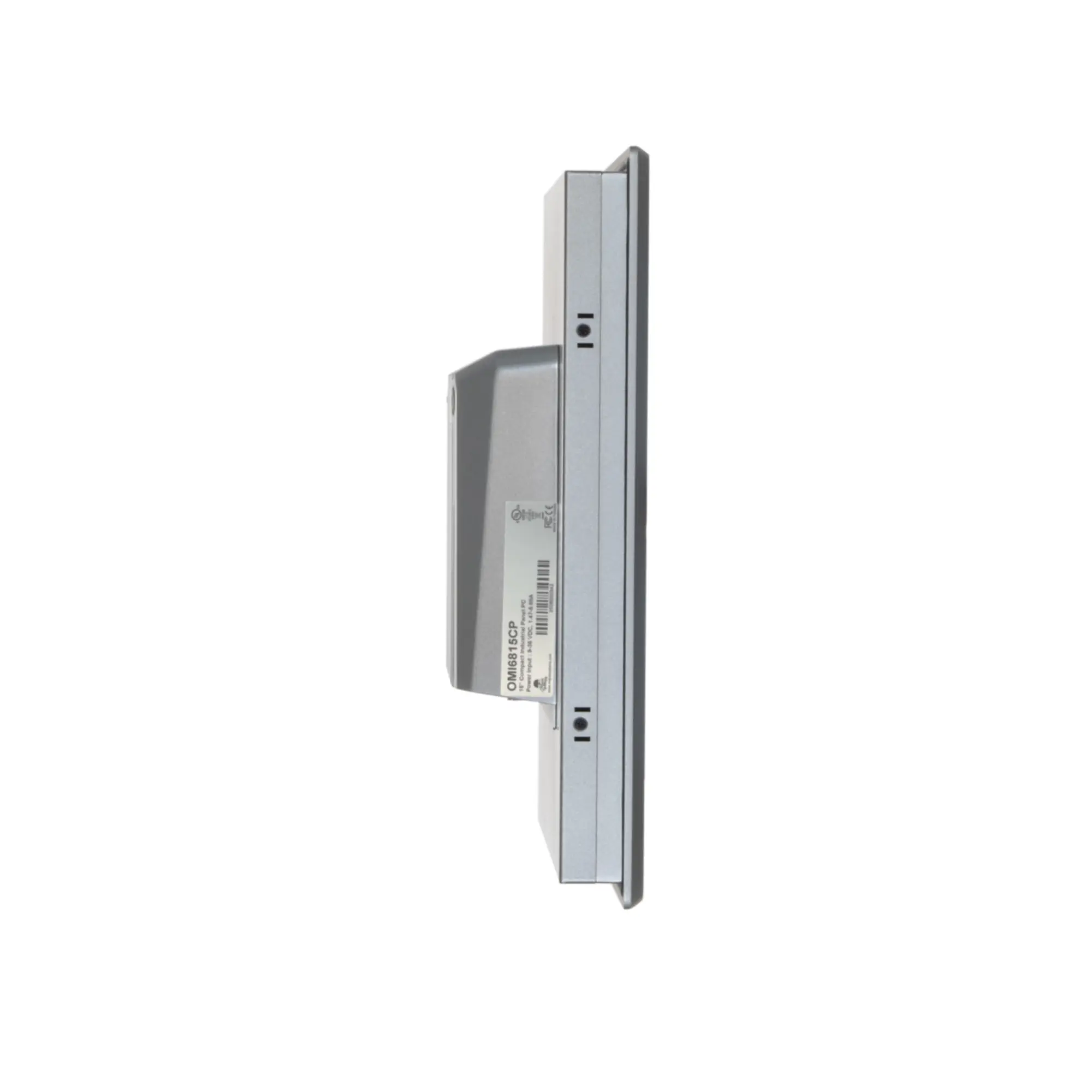 Maple Systems OMI6815CP 15" Industrial Panel PC with Windows or Linux OS, up to 32GB RAM and up to 2TB Storage side view showing mounting slots and product label placement