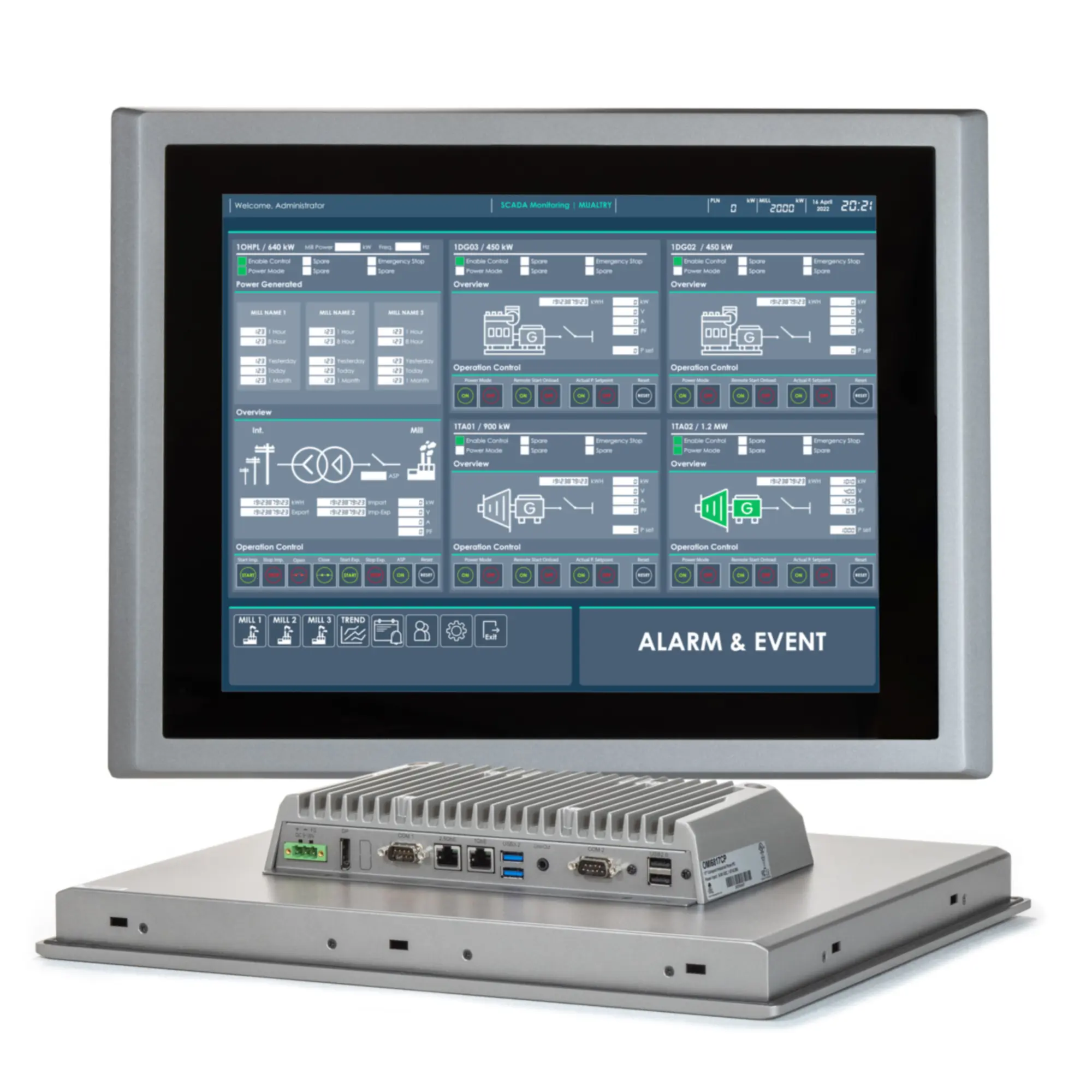 Maple Systems OMI6817CP 17" Industrial Panel PC with Windows or Linux OS, up to 32GB RAM and up to 2TB Storage combo view with front image and rear IO